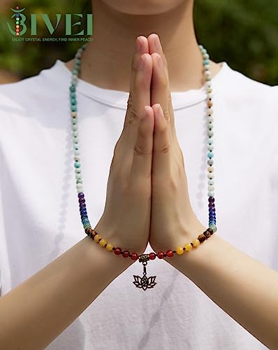 Bivei 7 Chakra 108 Mala Beads Bracelet Real Gemstone Yoga Meditation Hand Knotted Mala Prayer Bead Necklace - size: 6mm, style: Lotus OM - Amazonite