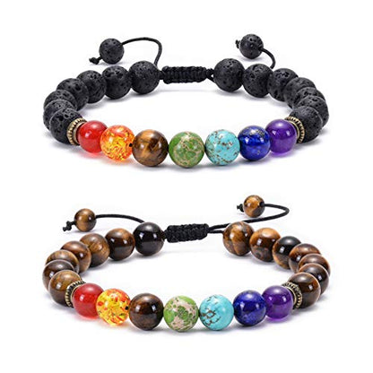 GelConnie Lava Rock Chakra Bracelet 7 Chakra 8mm Natural Stone Healing Bracelet Stress Relief Yoga Beads Anxiety Bracelet Aromatherapy Essential Oil Diffuser Bracelet Bangle - color: AB-Lava Rock&Tiger Eye