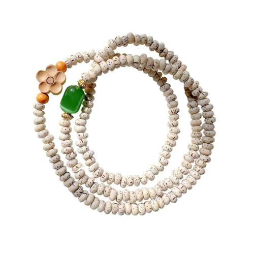 Awala 177-Count 2mm Cream & Black Speckled Bodhi Seeds Mala Bracelet, 19.78 Inch Unisex Meditation Wrist Wrap for Good Luck & Daily Calmness