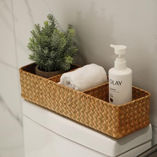 Seagrass Storage Basket 3 Sections Woven Shelf Baskets with Compartment (Natural, 14.6inch x 4.7inch x 3.1inch) - color: Natural 3 Sections without Lid
