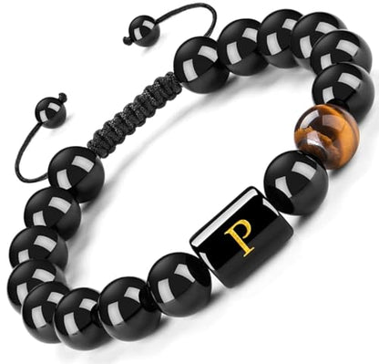 FRG Initials Bracelets for Men Letter Link Handmade Natural Black Onyx Tiger Eye Stone Beads Braided Rope Meaningful Bracelet - style: Braided rope-P
