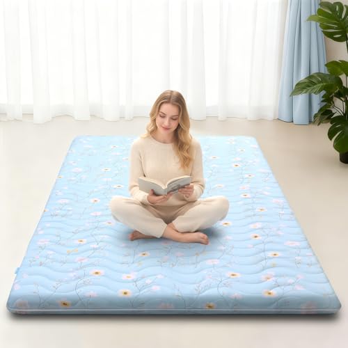 SCHNAUZER HOME Japanese Floor Mattress, 3.5" Thicken Floral Pattern Portable Futon Mattress, 100% High-Density Foam Tatami Mat Sleeping Pad for Camping Guest Room Dormitory RV, Light Blue, Twin - color: Floral Light Blue, size: Twin( 80 x 39 )