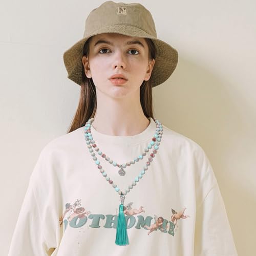 108 Mala Beads Necklace Semi-Precious Gem Stones Meditation Necklace 108 Hand Knotted Japa Mala Beaded Tassel Necklace with Tree of Life Pendant - color: Shoushan Stone