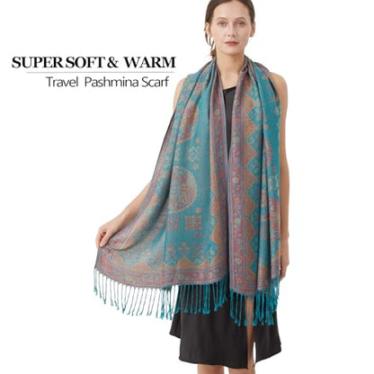 Paisley Pashmina Rave Shawl Scarf-Women's Reversible Ethnic Jacquard Pashmina Wraps for Travel - color: D#. Turquoise