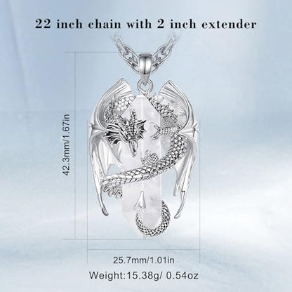 INFUSEU Unique Dragon Necklaces with Healing Crystal Stone for Men Women, Personalized Spiritual Gifts, 24 Inch Chain - color: Clear