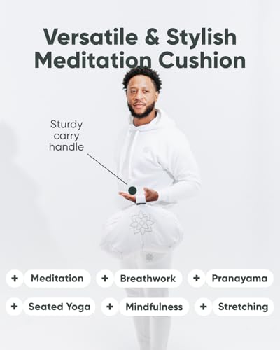 Mindful & Modern Large Meditation Cushion | Zafu Yoga Bolster Meditation Floor Pillow Seat | Buckwheat Hull Filled Crescent Shaped Cushion with Removable Washable Cover + Carry Handle | White