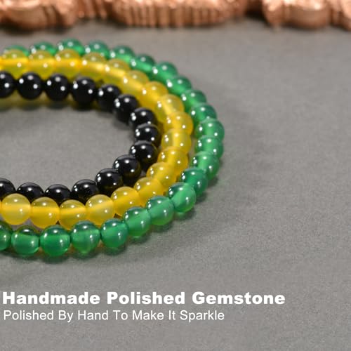 3PCS Agate Bracelet for Women Men Natural Round Beaded Agates Stone Healing Stretch Bracelets Elastic Handmade Polished Gemstone Beads Bracelet - color: Green+Yellow+Black