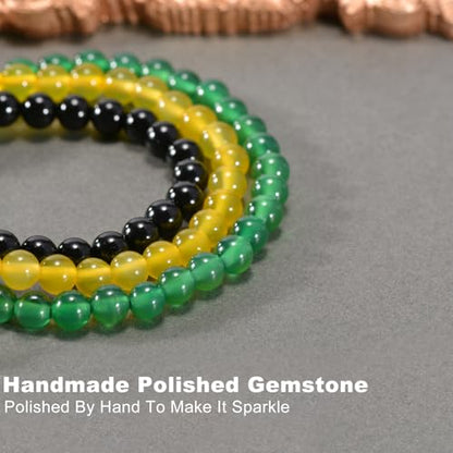 3PCS Agate Bracelet for Women Men Natural Round Beaded Agates Stone Healing Stretch Bracelets Elastic Handmade Polished Gemstone Beads Bracelet - color: Green+Yellow+Black