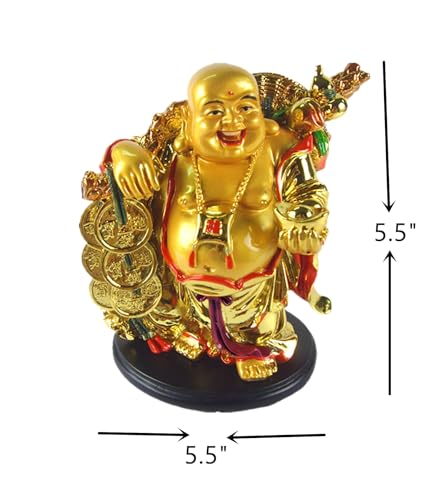 Betterdecor 5.5" Feng Shui Golden Laughing Happy Buddha Statue Holding Ingot Home Office Decor