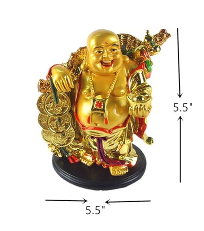 Betterdecor 5.5" Feng Shui Golden Laughing Happy Buddha Statue Holding Ingot Home Office Decor