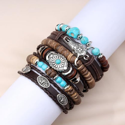 MILAKOO Mens Beaded Bracelets Tribal Wooden Elastic Adjustable Prayer Beads Wrap Cuff for Women - color: R: 5pcs