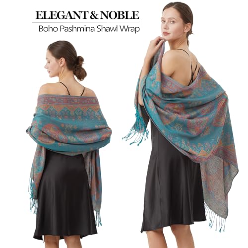 Paisley Pashmina Rave Shawl Scarf-Women's Reversible Ethnic Jacquard Pashmina Wraps for Travel - color: D#. Turquoise