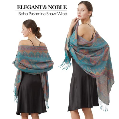 Paisley Pashmina Rave Shawl Scarf-Women's Reversible Ethnic Jacquard Pashmina Wraps for Travel - color: D#. Turquoise
