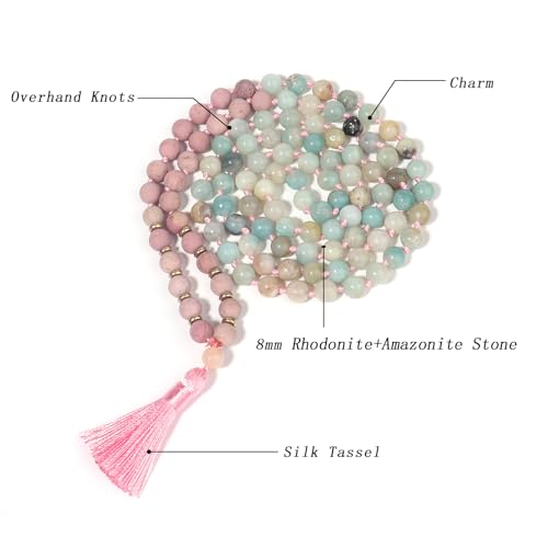 8MM Beads Chakra Long Mala Necklace Natural Stone Meditation Statement Necklace Japa Yoga Buddhist Rosary Prayer Charm Beaded Tassel Necklace - color: Matte Rhodonite