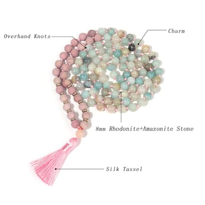 8MM Beads Chakra Long Mala Necklace Natural Stone Meditation Statement Necklace Japa Yoga Buddhist Rosary Prayer Charm Beaded Tassel Necklace - color: Matte Rhodonite