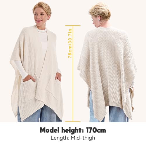 MissShorthair Knit Shawl Wraps for Women Boho Crochet Shawls Cape Open Front Cardigan - color: Ivory