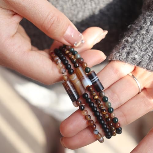 Natural Stone 4mm Round Beads Agate Adjustable Braided Elastic Rope Bracelets Unisex for Men Women - color: Color1-4pcs