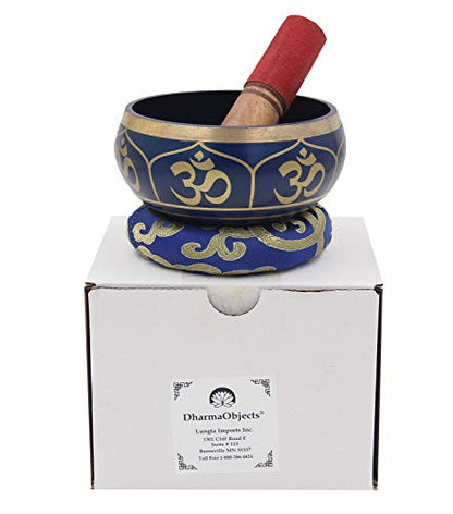 DharmaObjects Relaxing Yoga Meditation Om Peace Singing Bowl/Silk Cushion/Rosewood Mallet Set (Medium, Blue) - color: Blue, size: Medium