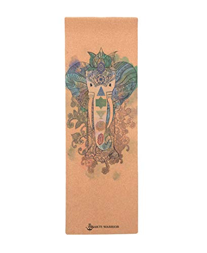 Shakti Warrior Cork Yoga Mat - Artist Designed, Premium Printed Eco-Friendly Non-Slip mat, Great for Regular & Hot Yoga, Pilates, Workouts 72 inch x 24 inch x 3mm Thick - color: Elephant