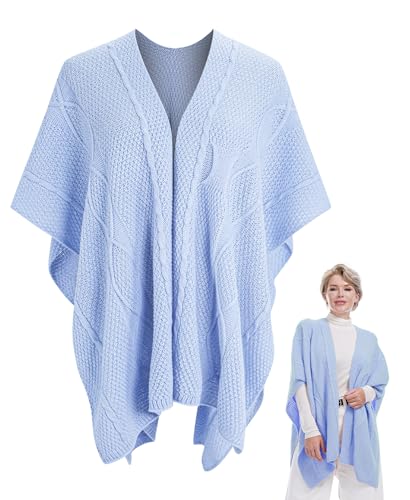 MissShorthair Knit Shawl Wraps for Women Boho Crochet Shawls Cape Open Front Cardigan - color: Blue