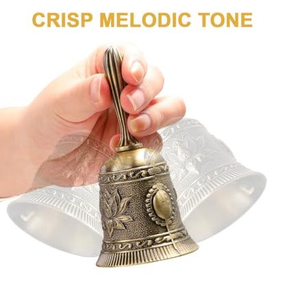 Super Loud Solid Brass Hand Call Bell Lotus Polished Vintage Metal Hand Dinner Bell Call Service Handbell for Bedside Wedding Classroom Meditation