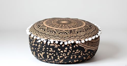CRAFT KALA 18" Round Large Hippie Mandala Meditation Floor Ottoman Pillow Cushion Pouf Cover Square Poufs Bohemian Circle Floor Cushion Case Outdoor Fireplace Yoga Living Room Decor Cover Black Gold - color: Black Gold, size: 18"D x 18"W x 5"H