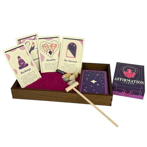 Wooden Zen Garden with Daily Affirmation Cards for Women and Men | Evening Azalea Sand with Rake & Amethyst Wand | Affirmations for Mindfulness, Meditation, and Inspiration | Beautiful 52 Card Deck - color: Evening Azalea, size: Affirmation Cards