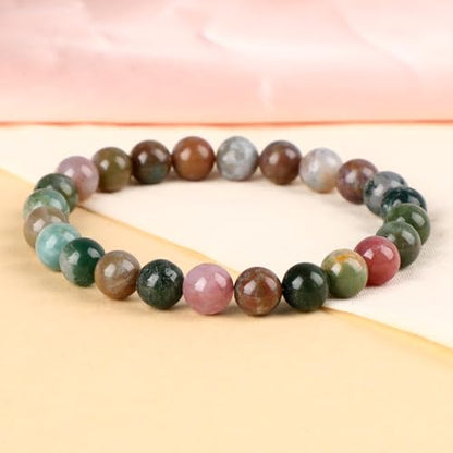 LPBeads Handmade Natural Gemstone Stretch Elastic Bracelet Healing Crystal Round Stone Beads Jewelry Gifts for Women Men - color: Indian Agate, size: 8mm