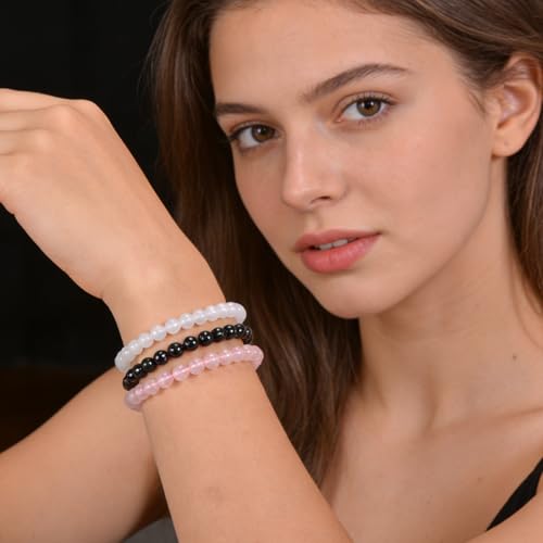 3PCS Agate Bracelet for Women Men Natural Round Beaded Agates Stone Healing Stretch Bracelets Elastic Handmade Polished Gemstone Beads Bracelet - color: White+Pink+Black White