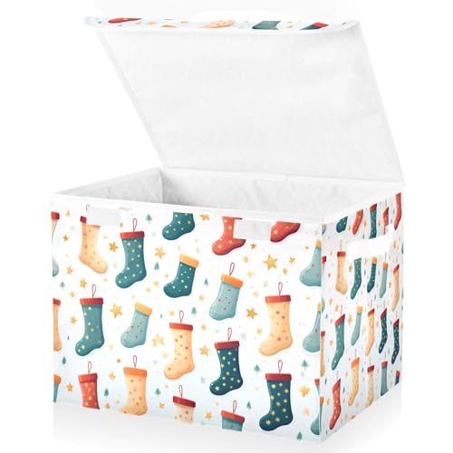 Large Storage Bins with Linen Christmas Colorful Stockings Collapsible Foldable Storage Cubes Fabric Closet Organizer Containers box with Flip-Top Lid for Home Bedroom Office 16.7 x 12.6 x 11.8in - color: Linen-christmas Colorful Stockings