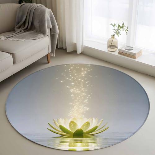 Round Area Rug 4ft, Zen Meditation Lotus Floral Washable Non-Slip Circle Rugs for Bedroom Living Room Kitchen, Green Floral Modern Art Soft Non Shedding Circle Carpet for Dining Room Dorm - size: 4' (Round)