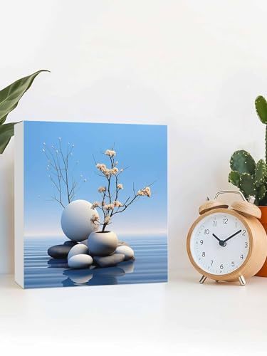 Wood Box Sign Desk Decor, Lake Stone Overlay with Vases Zen Buddhism Decorative Wooden Block Box Sign Decorations for Home Office Shelf Table Decor 6x6 Inches