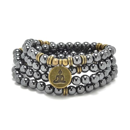 108 Mala Beads Bracelet Necklace with Yoga Symbol Buddha Charm – Gold-Plated Meditation Jewelry, Healing Stone, Ideal Spiritual Gift for Yoga & Meditation - style: Hematite
