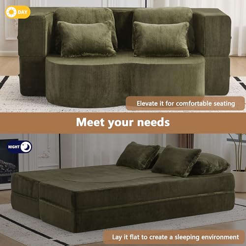 2-in-1 Folding Sofa Bed with Pillow, No Assembly Futon Twin Size Sofa Bed, Breathable Velvet Convertible Couch Bed for Living Room and Guest Room, 78.7 Inch, Green - color: Green-78.7", size: 2 seat