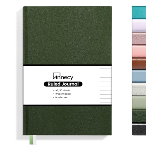 Annecy Lined Journal Notebook, Hardcover Leather Journal for Women & Men, 160 Numbered Pages, Medium 5.5" x 8.25", 100 GSM Thick Paper, Deep Green - color: Green, style: Lined