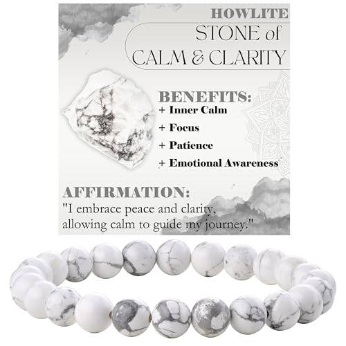 Bivei 8mm Beaded Bracelets for Women Handmade Semi Precious Natural Stone Stretch Elastic Jewelry Yoga Protection Gifts - color: Howlite - Calm & Clarity, size: Medium 6.8-7.3 inch