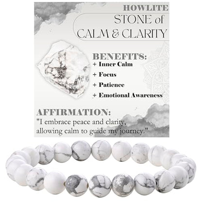 Bivei 8mm Beaded Bracelets for Women Handmade Semi Precious Natural Stone Stretch Elastic Jewelry Yoga Protection Gifts - color: Howlite - Calm & Clarity, size: Medium 6.8-7.3 inch