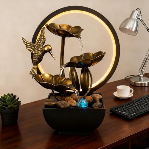 AOZITA Tabletop Fountain, Indoor Waterfall Fountain, Small Home Décor Zen Relaxation Soothing Sound Machine for Office, Living Room, or Bedroom, Bronze Metal Lotus with HBird, River Rocks, Round LED - color: Bronze, size: 10.2"