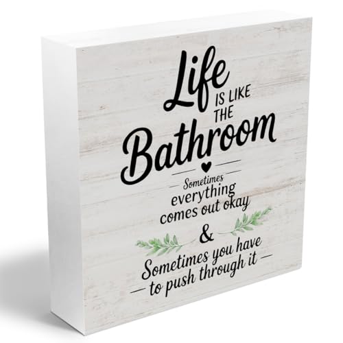 Funny Bathroom Shelf Decor Wood Box Sign, Life Is Like The Bathroom Signs Decors For Shelves, Small Restroom Accessories, Shelf Counter Decorative Signs for Washroom Restroom Home Tabletop - color: Life is like a bathroom
