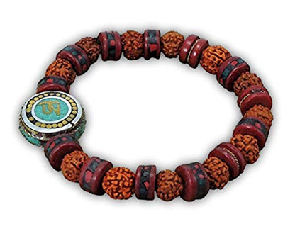Hands Of Tibet Tibetan Mala Embedded Medicine Wrist Mala for Meditation Handmade Draw String Silk Pouch (Om Charm)