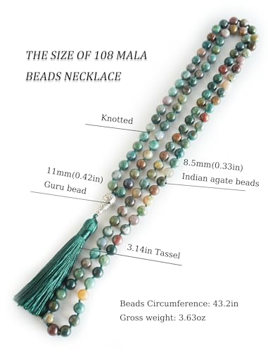 Mala Beads 108 Handmade Necklace,Natural Indian Agate Turquoise Amethyst with Alloy Guru Bead and Tassel,43.2 Inches for Prayer,Meditation,Yoga - color: Indian Agate