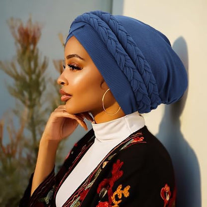 DRESHOW African Turban for Women Knotted Hairwraps for Sleeping Turban Headwraps Head Warmer Scarf for Black Women Chemo Cap - color: 1 Pc Double Twisted Braids: Navy Blue