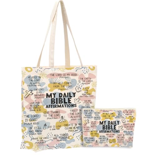 Daily Affirmations for Women Faith Christian Gifts，2PCS Cosmetic Bag Canvas Tote Bag Beach Bags with Pocket Makeup Bags，Scripture Bible Verse Mental Health Gifts for Female Friend Birthday Christmas - color: Bible Affirmations 0938
