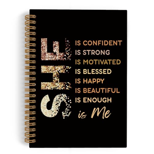 Gold She Is Me Affirmations Spiral Notebook, Inspirational Self Care Journal Notebook, Self Love Notebooks for School Work, Positive Office Supplies Gifts for Women Girls Friends, 5.5x8.3 Inch - color: black and gold, size: 5.5x8.3