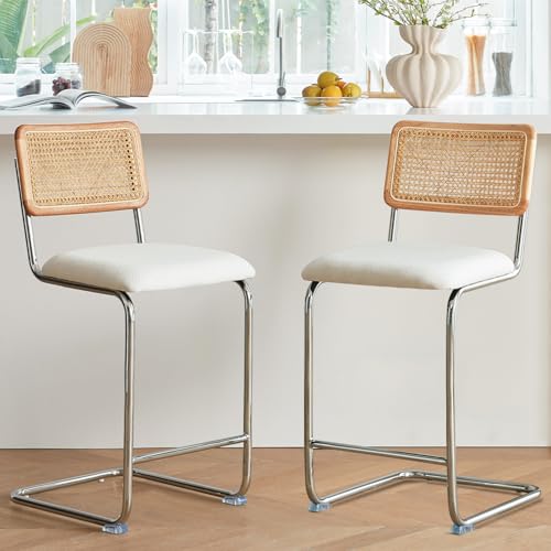 Natural Rattan Counter Height Stools Set of 2 with Solid Wood Back, 24 Inch Mid Century Modern Cesca Bar Stools, White Upholstery Boho Stool for Kitchen Counter with Chrome Metal Legs - color: White, size: 2PCS-24'' Counter Height Stool