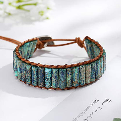 Women Boho Handmade Natural Stone Crystal Leather Bead Wrap Bracelets Collection - style: Colorful Blue Jasper 1W