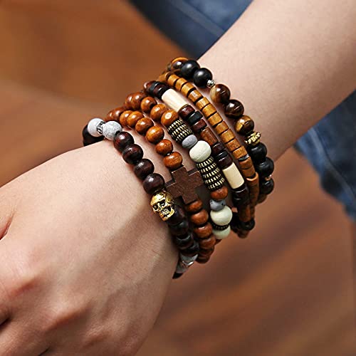HZMAN Wrap Bracelets Men Women, Hemp Cords Wood Beads Ethnic Tribal Bracelets, Leather Wristbands - style: Skull & Wooden Cross
