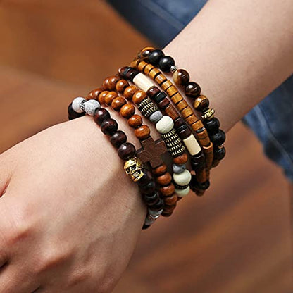 HZMAN Wrap Bracelets Men Women, Hemp Cords Wood Beads Ethnic Tribal Bracelets, Leather Wristbands - style: Skull & Wooden Cross