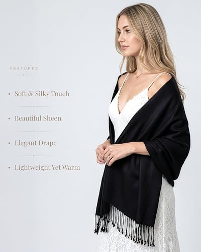 Achillea Lightweight Pashmina Scarf for Women – Soft Silky Shawl Wrap for Evening Dresses, Bridesmaids & Everyday Wear - color: Black