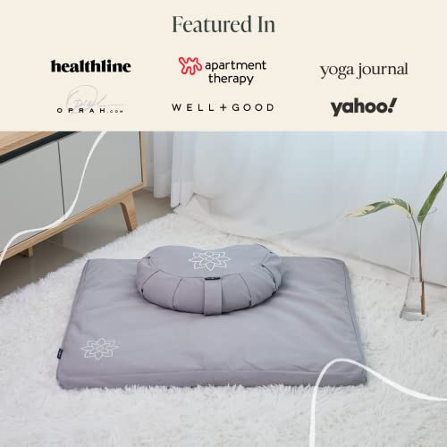 Mindful Modern Meditation Cushion & Zabuton Meditation Mat Bundle - 100% Cotton Meditation Cushion Set for Yoga - Buckwheat Crescent Shaped Zafu Floor Pillow Rectangular Mat - Slate Grey Color